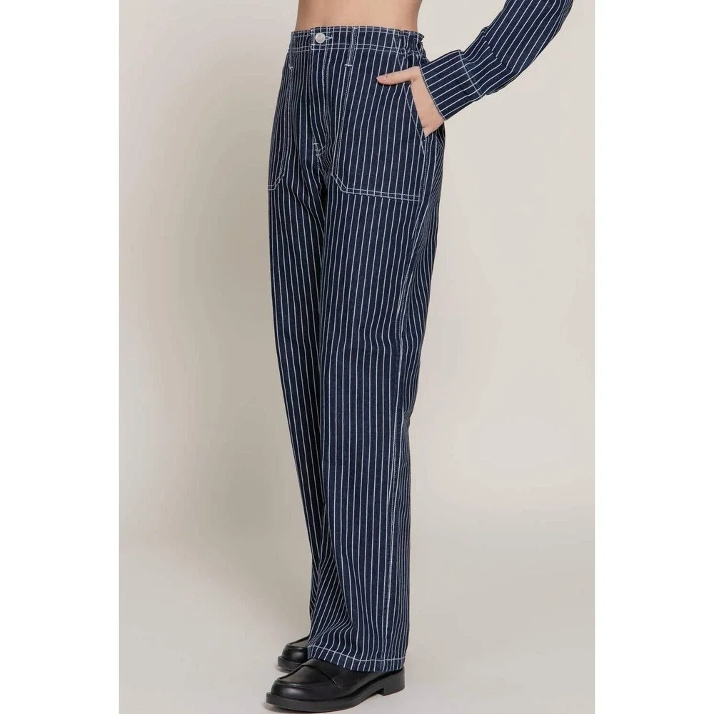 Pinstripe Cropped Denim two piece set Large Button Front Workwear